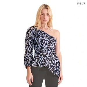 Veronica Beard Vida Blue abstract One-Shoulder Blouse